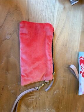 Coral Pink Suede Wristlet Clutch with Detachable Strap